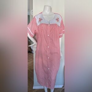 Anthony Richards House Coat Dress Pink White Seersucker Mumu Metal Snaps 2X